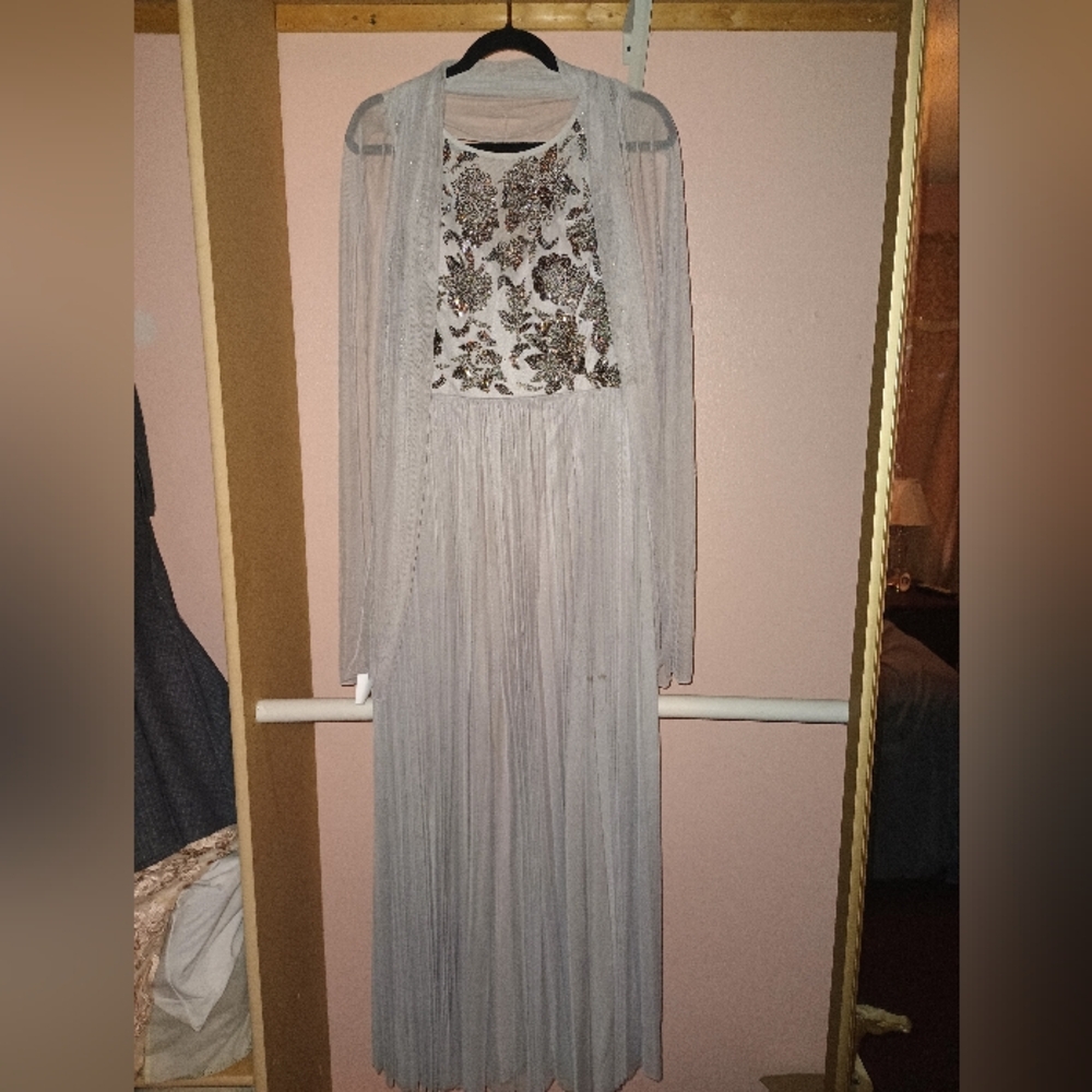 Viola Chan Grey Beaded Bodice Evening Gown With Tulle Skirt